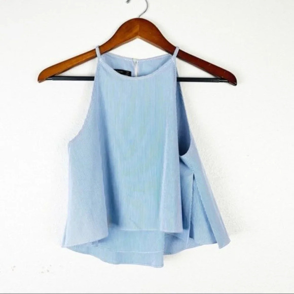 ZARA BASIC Blue Striped Flowy Crop Top Halter Neck Small - Picture 5 of 8